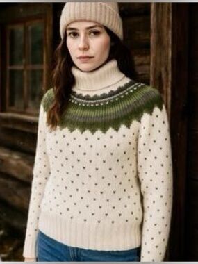 J CREW Cream Fairisle Turtleneck Sweater with Green Yoke S M